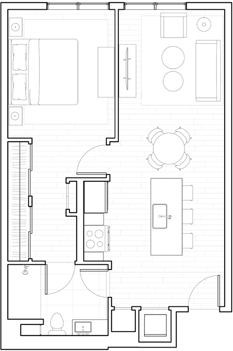 Floor plan for 1 bed, 1 bath, 710 sqft